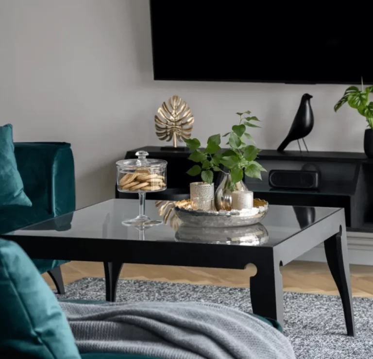 black glass coffee table and some decoration pieces on table